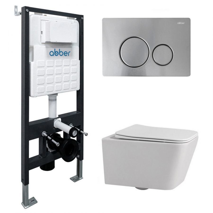 Комплект подвесной унитаз ABBER Rechteck AC1201 белый с инсталляцией AC0105 и кнопкой AC0121MCH матовый хром