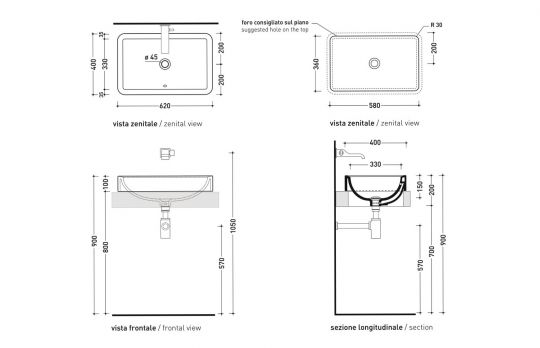 Встраиваемая сверху раковина Flaminia Nile 62 NL62INC 62х40х20 см схема 5