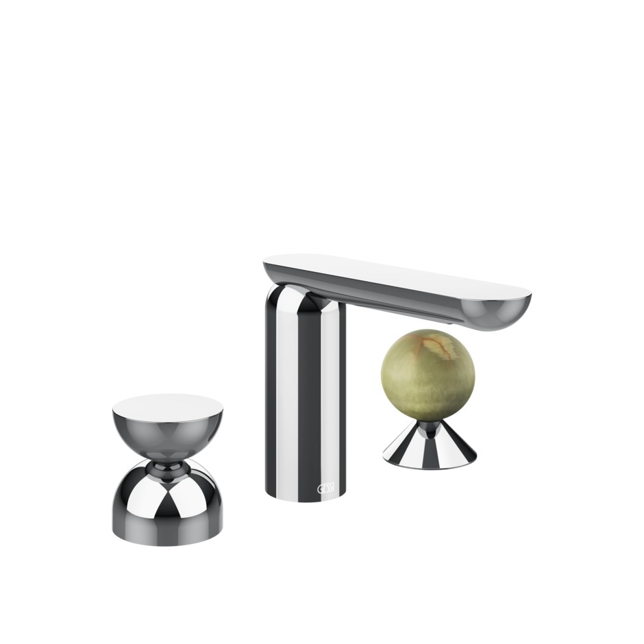 Смеситель для раковины Gessi Perle 74958 без донного клапана с металлическим вентилем-полусферой и вентилем-сферой из камня Onyx Green ФОТО