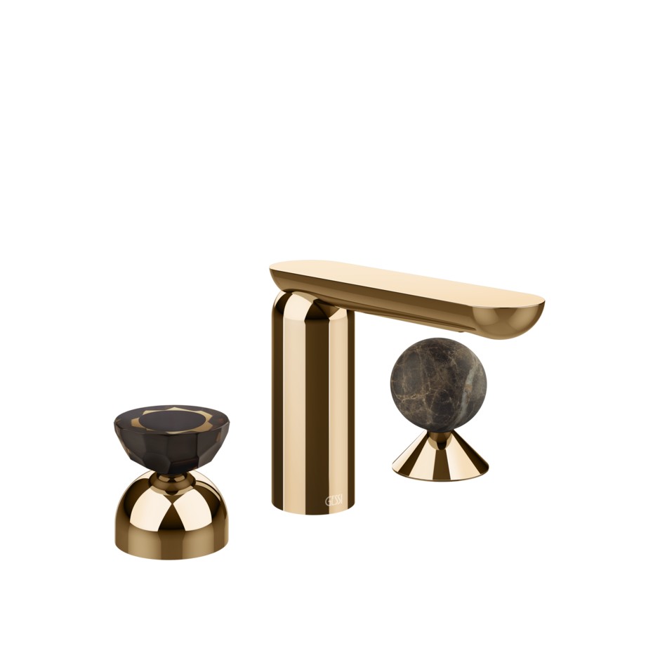 Фото Смеситель для раковины Gessi Perle 74818 без донного клапана с вентилем-полусферой из муранского стекла Battuto и вентилем-сферой из мрамора Emperador Dark