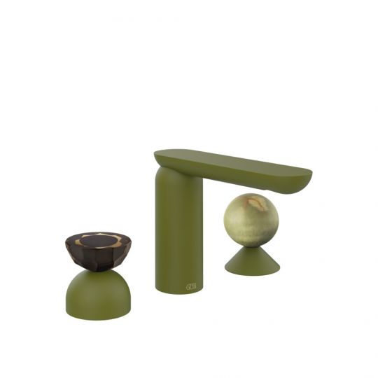 Смеситель для раковины Gessi Perle 74858 без донного клапана с вентилем-полусферой из муранского стекла Battuto и вентилем-сферой из камня Onyx Green схема 13