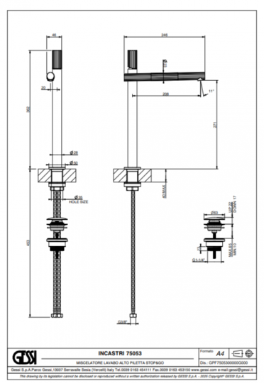 Смеситель для раковины Gessi Incastri 75053 с донным клапаном высота 36,2 см схема 2
