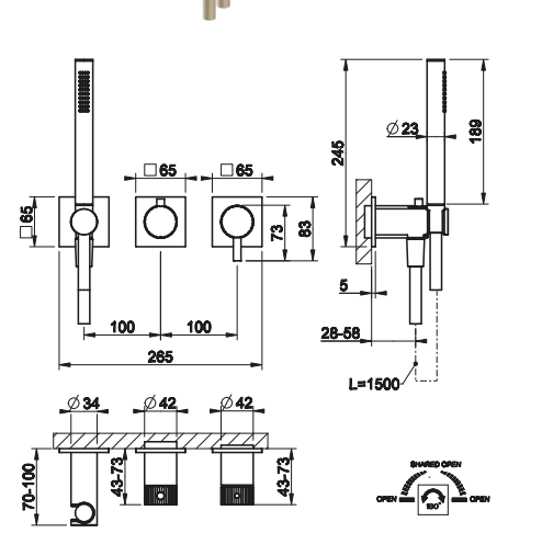 Смеситель для душа Gessi Incastri 75036 встраиваемый с ручным душем и переключателем на 2 источника схема 2 Смеситель для душа Gessi Incastri 75036 встраиваемый с ручным душем и переключателем на 2 источника схема 2