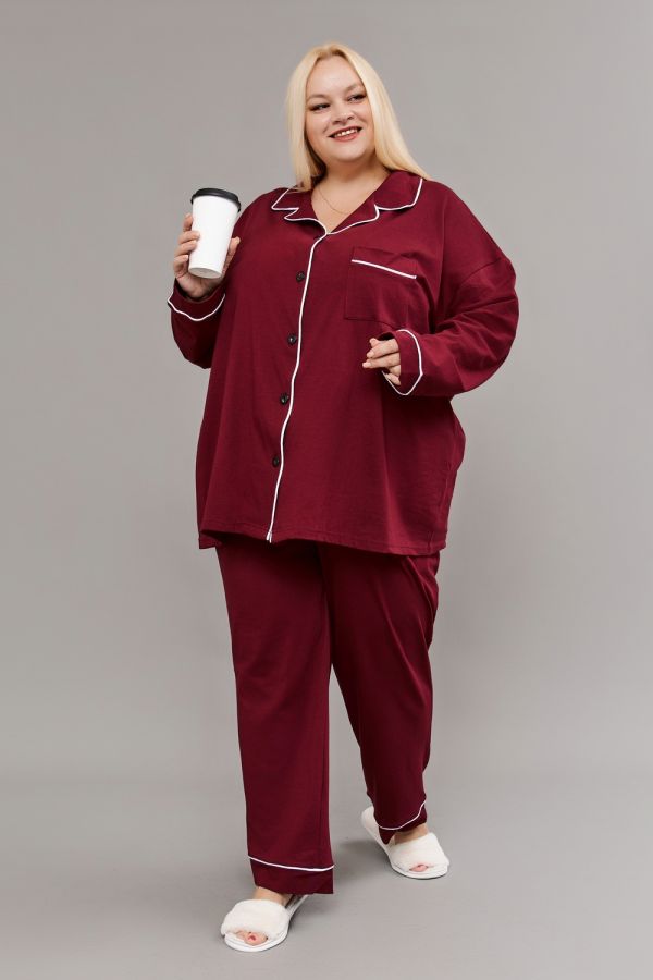 Пижама на пуговицах со штанами больших размеров Однотоннная [бордовый]