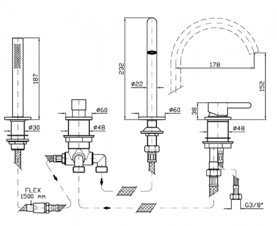 Смеситель на борт ванны Zucchetti Isy22 ZIS532 схема 2