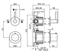 Термостатический смеситель для душа Zucchetti Isy22 ZIS3806 с переключателем на 2/3 источника схема 2