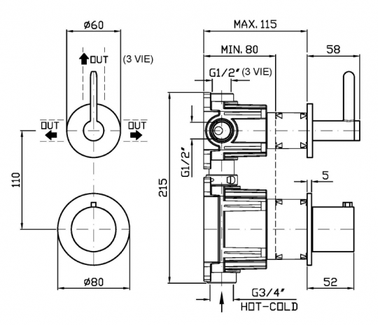 Термостатический смеситель для душа Zucchetti Isy22 ZIS3806 с переключателем на 2/3 источника схема 2