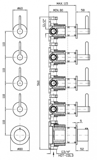 Термостатический смеситель для душа Zucchetti Isy22 ZIS3804 с 4 запорными клапанами схема 2