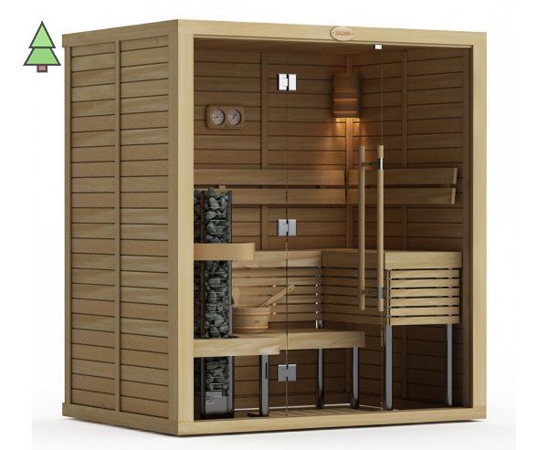 Сауна в сборе SAWO 1420ML-WD-G (1,4м х 2,0м, ель, полностью стеклянная стена, дизайн Wave)