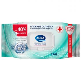 Салфетки влажные 144 шт., AURA Family, антибактериальные, для всей семьи, крышка клапан
