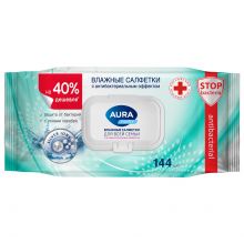 Салфетки влажные 144 шт., AURA Family, антибактериальные, для всей семьи, крышка клапан