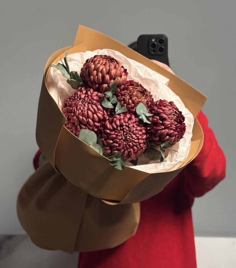 5 коричневых хризантем Бигуди с эвкалиптом в упаковке