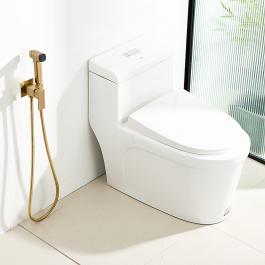 Şəkil 1: Frap H91 F7591-23 bidet kranının ön görünüşü - kvadrat formalı latun korpusu, qızıl satin örtük və tək qolu ilə lüks dizaynı, gigiyenik duş tutucusu ilə nümayiş etdirir.2