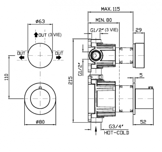 Термостатический смеситель для душа Zucchetti Isy22 ZIS5806 с переключателем на 2/3 источника схема 2