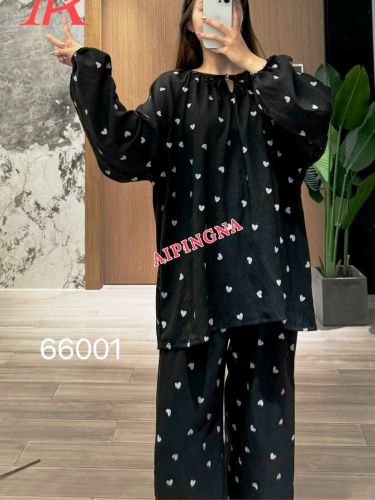 Домашний костюм муслин с брюками  AIPINGNA 66001 (черный сердечки)