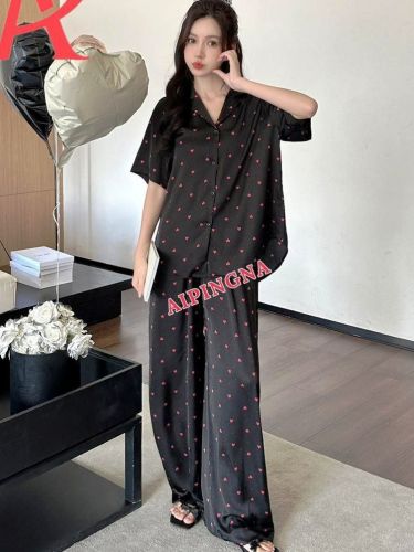 Пижама шелк с брюками  AIPINGNA 6208 (черный с сердечками)