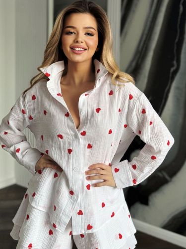 Пижама муслин с шортами  AIPINGNA 88019 (белая с сердцем)