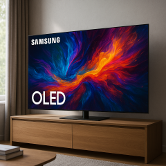 OLED телевизор Samsung QE77S90F на подставке в гостиной