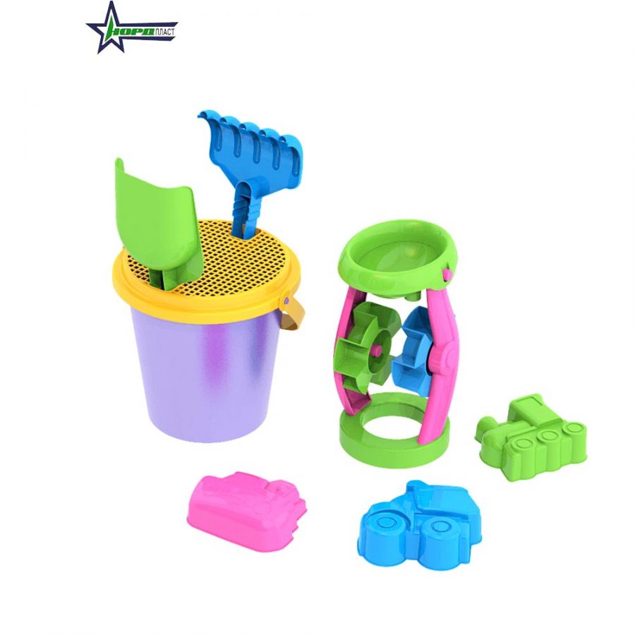 НАБОР ДЛЯ ПЕСКА № 20 (ВЕДРО, СИТО, МЕЛЬНИЦА, СОВОК, ГРАБЛИ, 2 ФОРМОЧКИ "ТРАНСПОРТ")