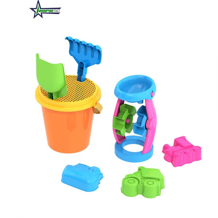 НАБОР ДЛЯ ПЕСКА № 20 (ВЕДРО, СИТО, МЕЛЬНИЦА, СОВОК, ГРАБЛИ, 2 ФОРМОЧКИ "ТРАНСПОРТ")