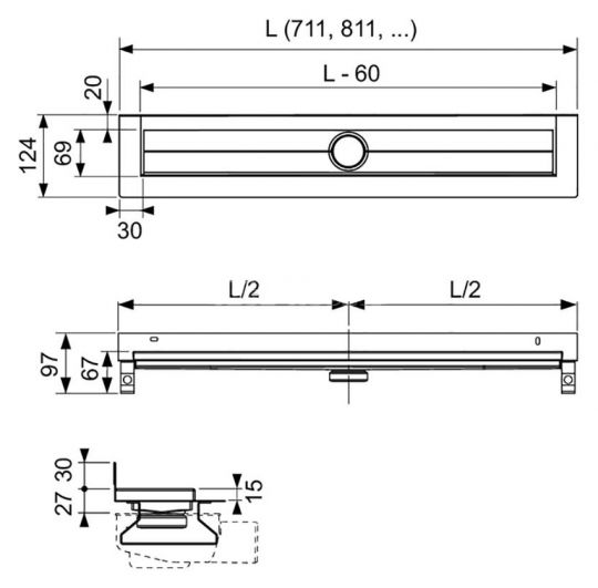 Душевой лоток Tece Drainline 70 600701 пристенный без крышки схема 3 Душевой лоток Tece Drainline 70 600701 пристенный без крышки схема 3