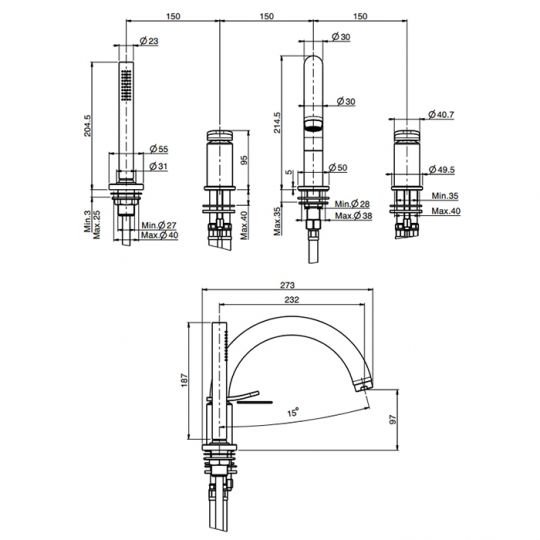 Смеситель к борту ванны Fima carlo frattini Flo F3814N схема 2