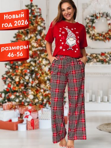 Пижама женская с брюками гномы красный