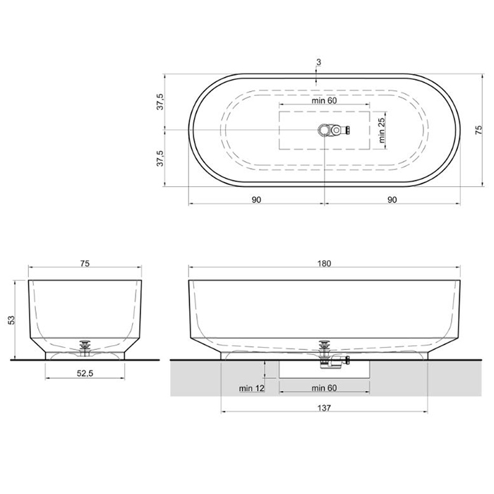 Ванна отдельностоящая Antonio Lupi BORGHI 180х75 см из материала Cristalmood или Icemood ФОТО