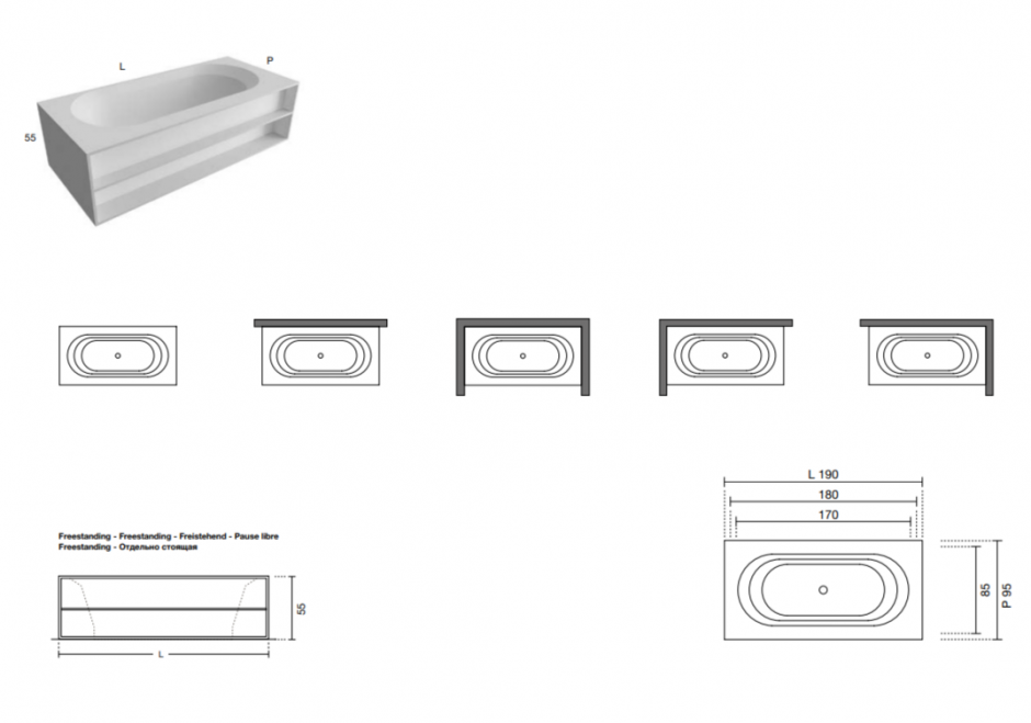 Ванна прямоугольная Antonio Lupi OASI OASI86M 170х95 см из материала Cristalplant с полками отдельностоящая, пристенная, в нишу или в угол ФОТО