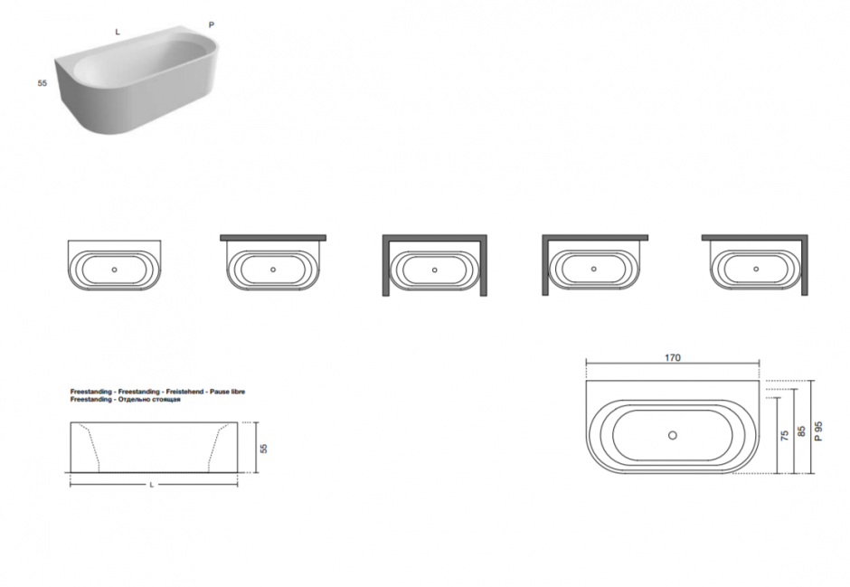 Ванна Antonio Lupi OASI OASI63 170х85 см из материала Cristalplant отдельностоящая, пристенная, в нишу или в угол ФОТО