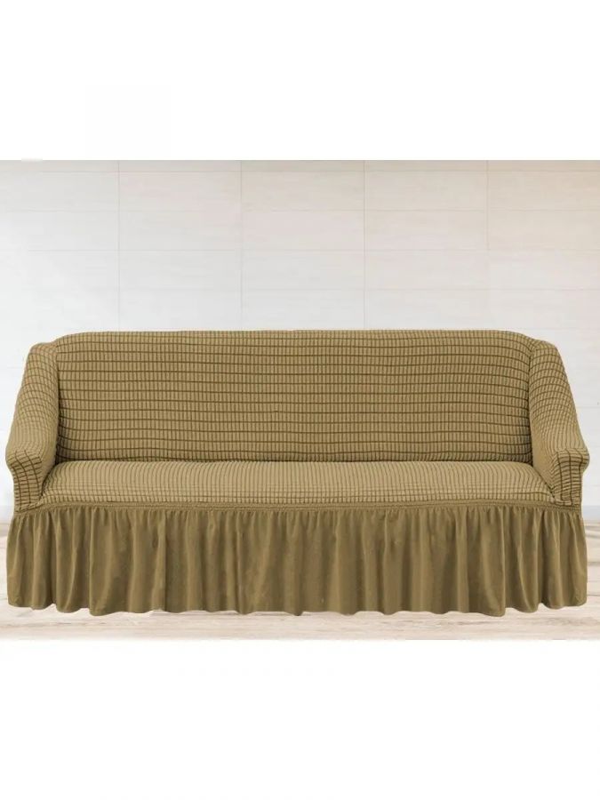 Чехол на 3-х местный диван с оборкой Жаккард  Соты,коричневый