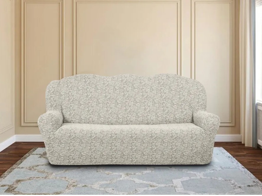 Чехол на 3-х местный диван  без оборки Буклированный  Жаккард,кремовый