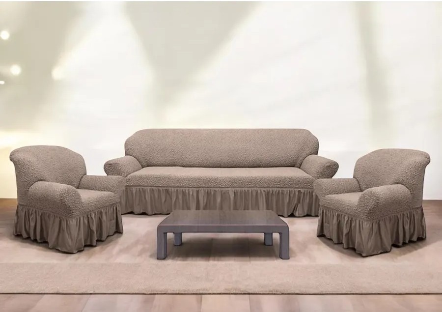 Комплект чехлов на 3-х местный диван и 2 кресла с оборкой Жаккард , капучино