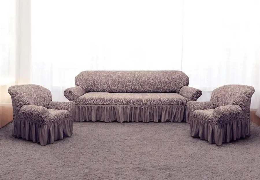 Комплект чехлов на 3-х местный диван и 2 кресла с оборкой Жаккард , капучино