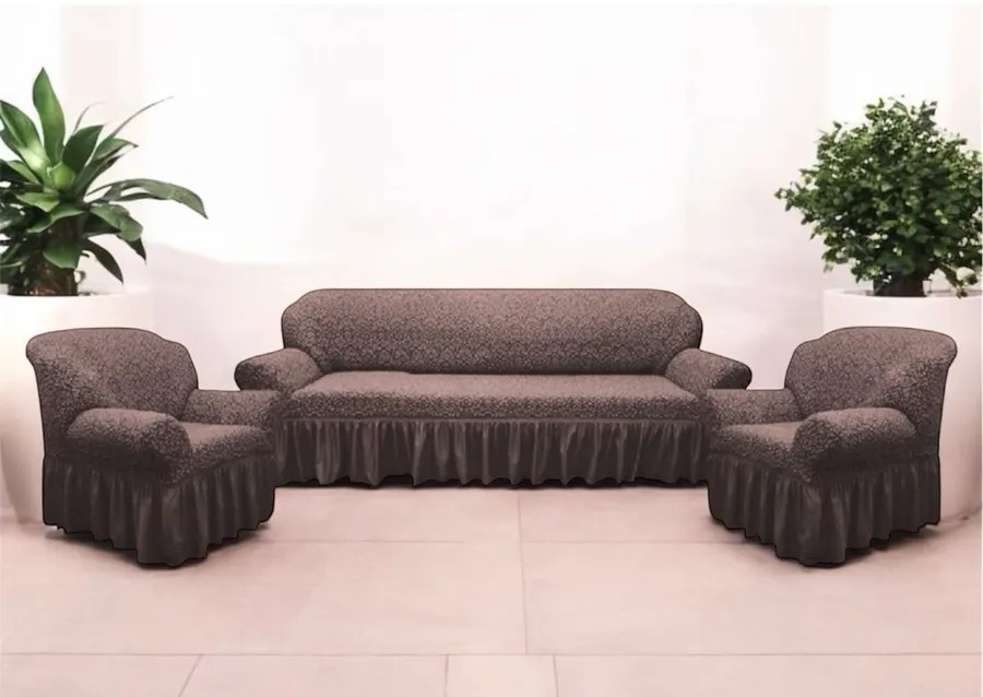 Комплект чехлов на 3-х местный диван и 2 кресла с оборкой Жаккард ,капучино