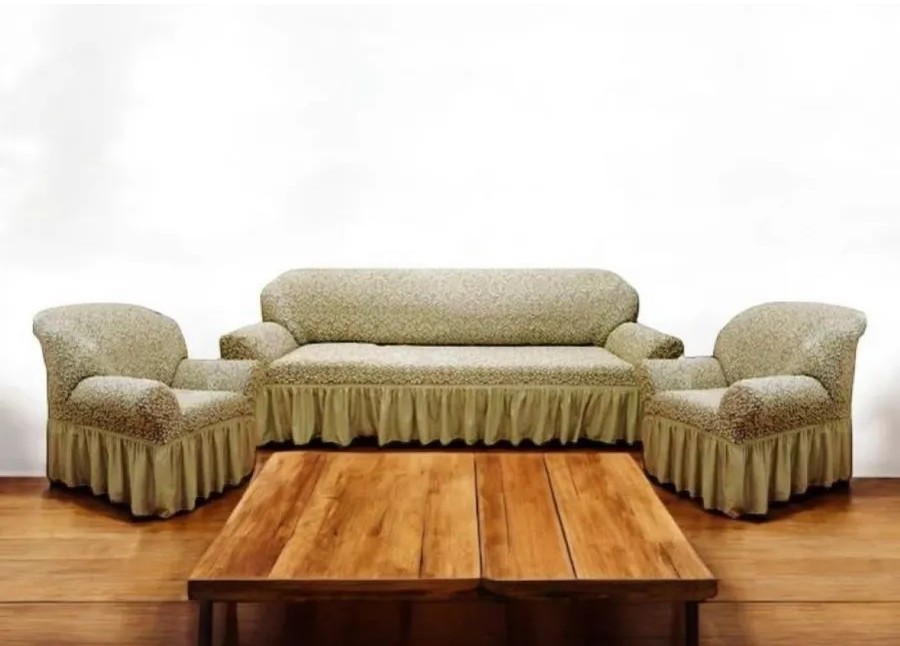 Комплект чехлов на 3-х местный диван и 2 кресла с оборкой Жаккард ,бежевый