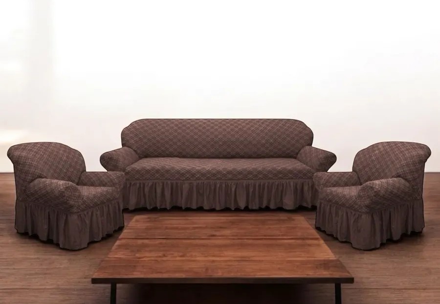 Комплект чехлов на 3-х местный диван и 2 кресла с оборкой Жаккард ,капучино