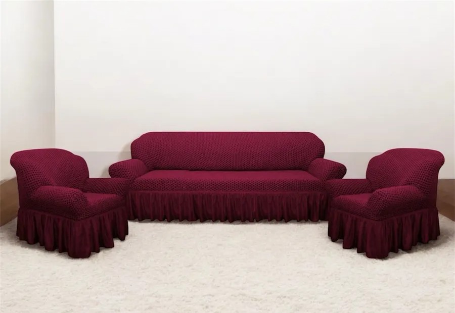 Комплект чехлов на 3-х местный диван и 2 кресла с оборкой Жаккард ,бордовый