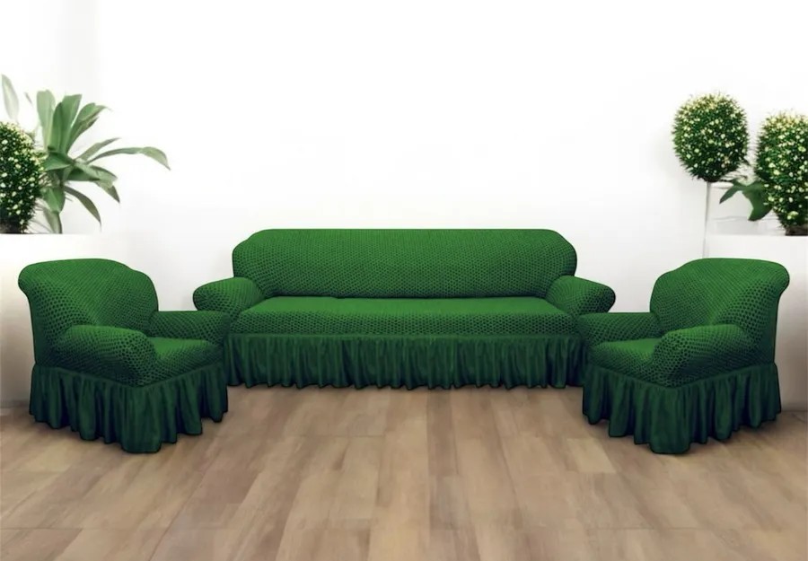 Комплект чехлов на 3-х местный диван и 2 кресла с оборкой Жаккард ,зеленый