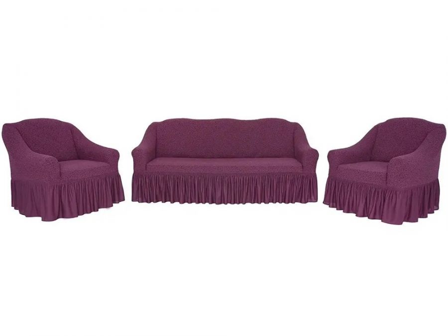 Комплект чехлов на 3-х местный диван и 2 кресла с оборкой Жаккард , сливовый