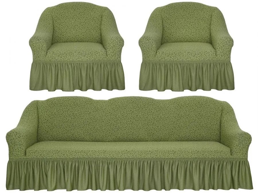 Комплект чехлов на 3-х местный диван и 2 кресла с оборкой Жаккард , оливковый