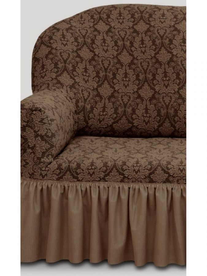 Чехол на угловой диван и кресло с оборкой Жаккард,Шоколад