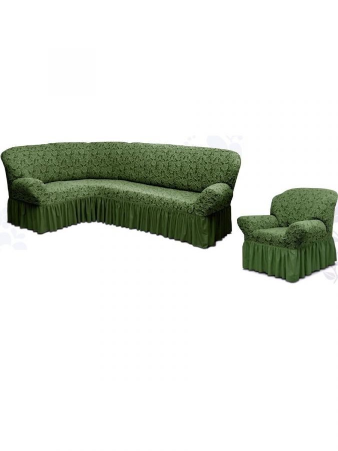 Чехол на угловой диван и кресло с оборкой Жаккард,Зелёный