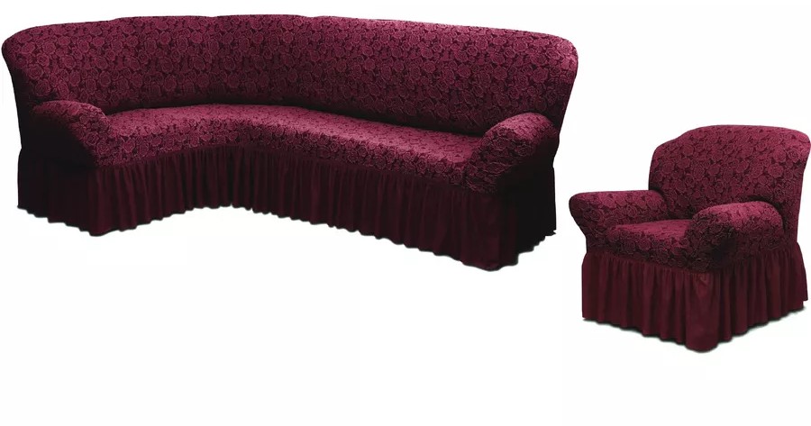 Чехол на угловой диван и кресло с оборкой Жаккард,Бордовый