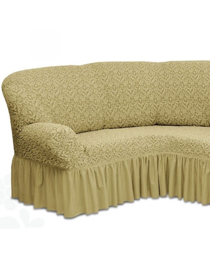 Чехол на угловой диван и кресло с оборкой Жаккард,Бежевый