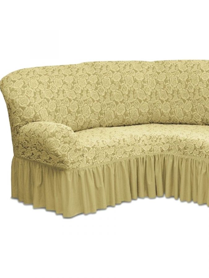 Чехол на угловой диван и кресло с оборкой Жаккард,Бежевый