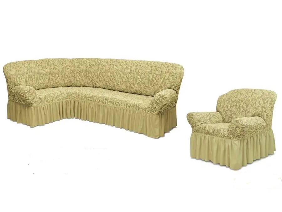 Чехол на угловой диван и кресло с оборкой Жаккард,бежевый