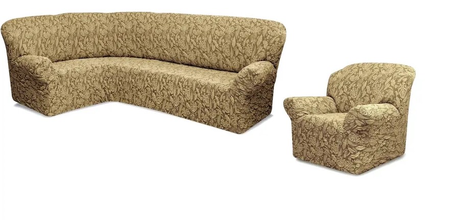 Чехол на угловой диван и кресло с без оборки,Жаккард,кофе с молоком