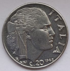 Король Виктор Эммануил III 20 чентезимо Италия 1943
