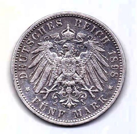 5 марок 1898 Пруссия XF Редкий год